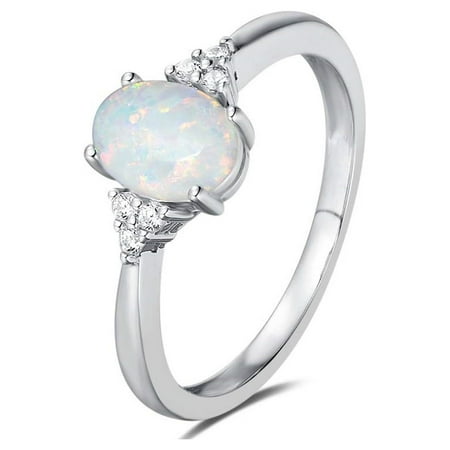 Clearance Rings for Women Oval White Fire Opal Ring 925 Sterling Silver Gemstone Jewelry For Women (Size 8)