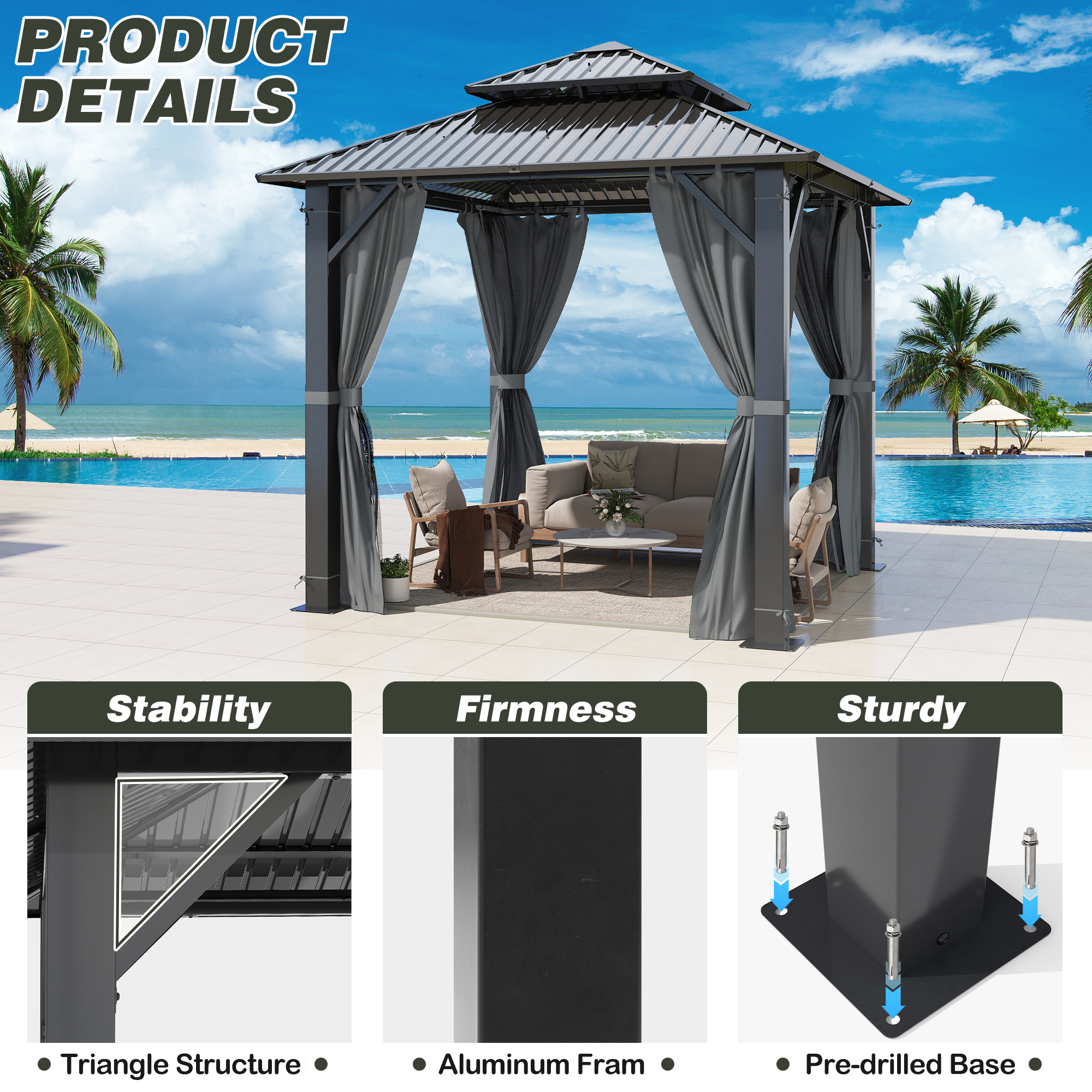 Howsvn 8.5 x 8.5 Ft. Outdoor Double Steel Roof Hardtop Gazebo, Patio Aluminum Frame Gazebos with Netting and Curtains for Garden, Backyard