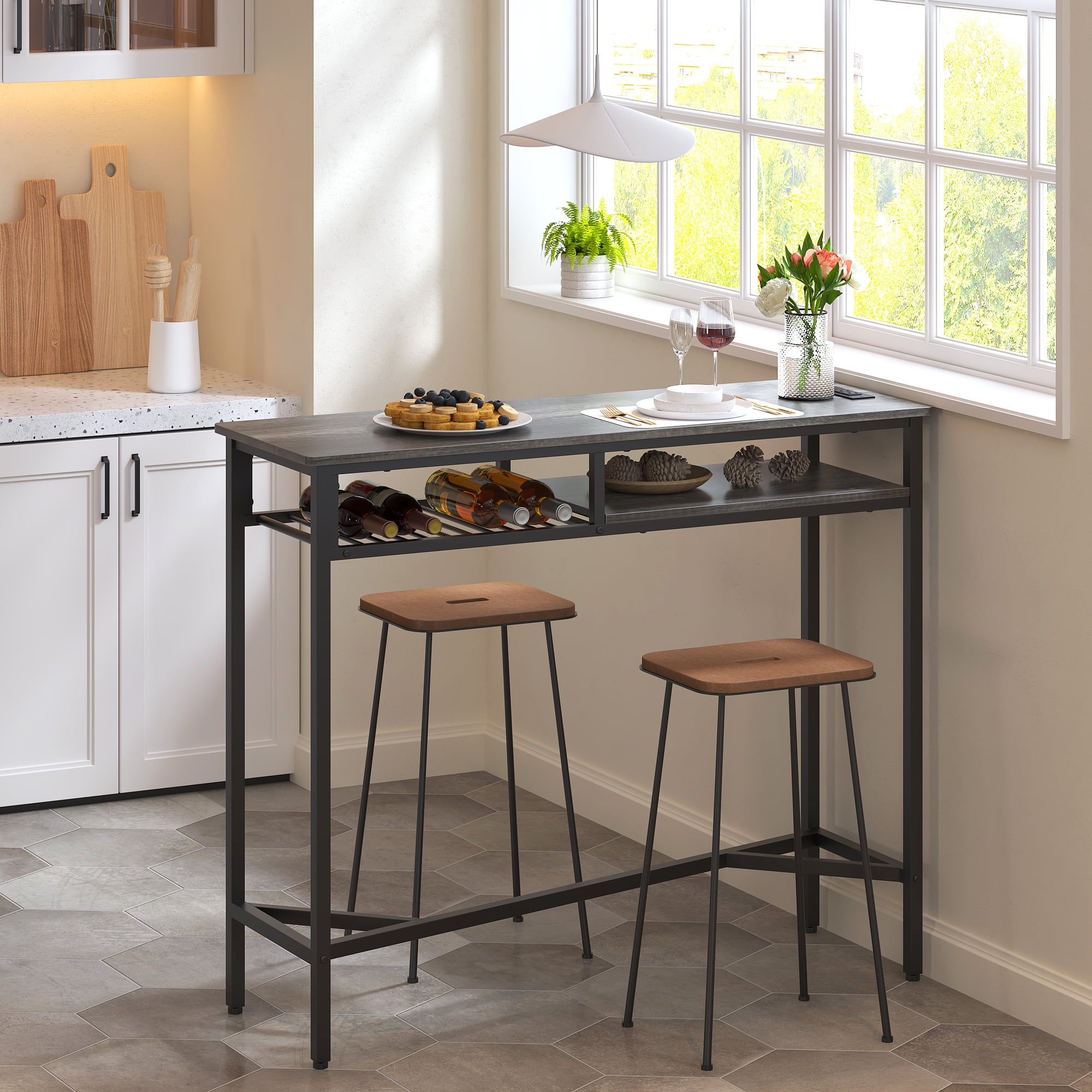 Yoneston 47.25" Bar Table with Charging Station, Rectangular High Kitchen Dining Counter Table with 2 Storage Shelves for Living Room Office Balcony, Black Oak