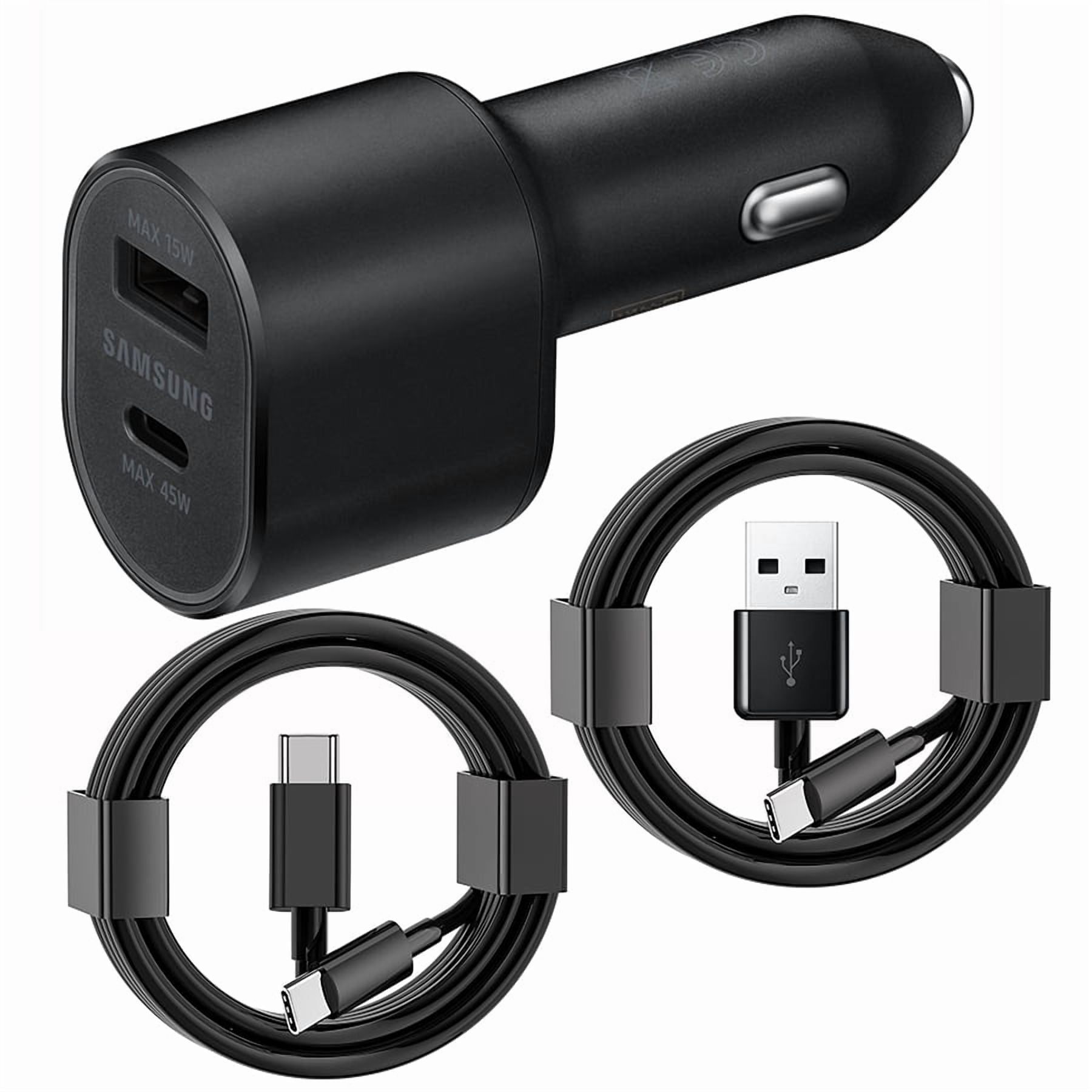 Dual USB Fast Car Charger (USB-C + USB-A Ports) + USB-C to USB-C Cable and USB-A to USB-C Charging Cord for Samsung Galaxy S24 S23 S22 S21 Ultra Plus Models, Compatible with iPhone 15 models, Black