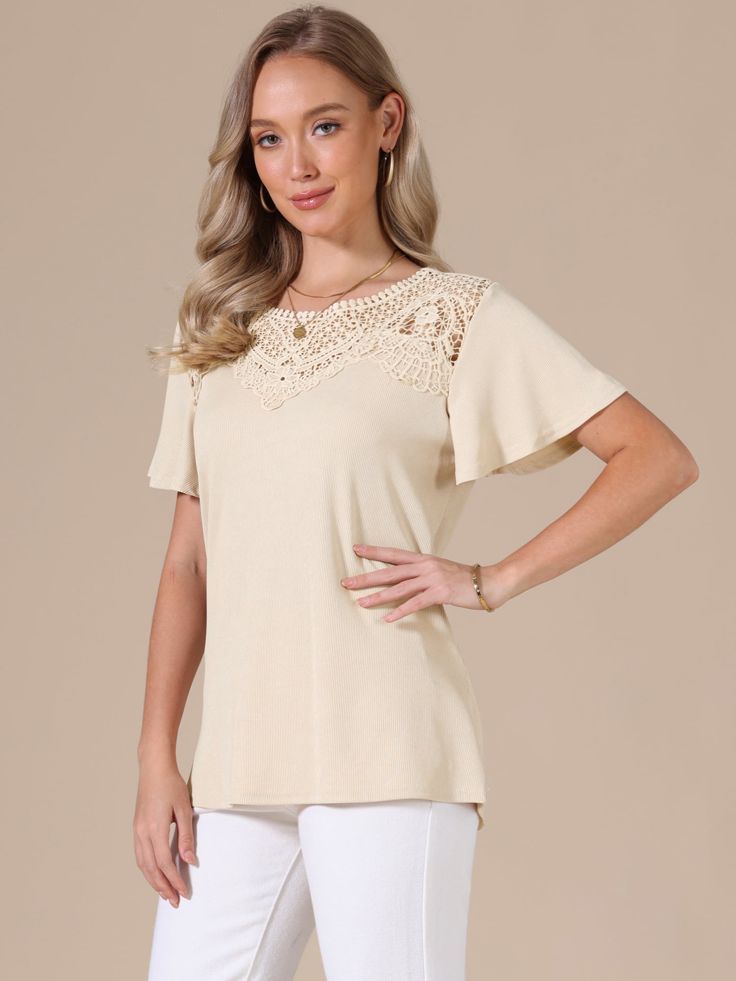 DARING DIVA Women's Short Sleeve Shirts V Neck Dressy Casual Tunic Tops L Apricot