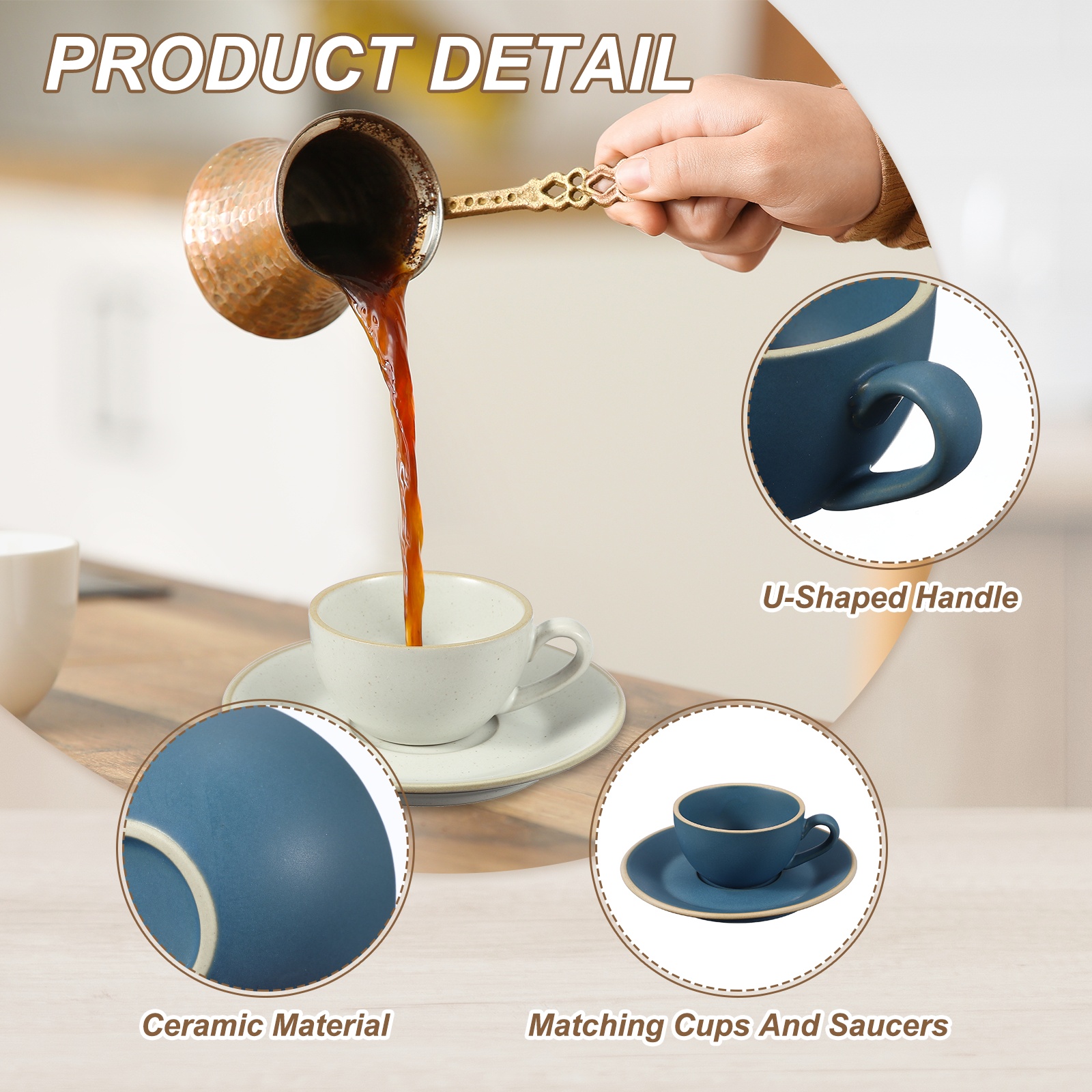Uxcell Handmade Vintage Espresso Cups, 3 oz Coffee Cups and Saucers Ceramic Tea Cup with Handle Dishwasher and Microwave Safe for Latte Cappuccino Milk Office Home Gifts, Morandi Blue