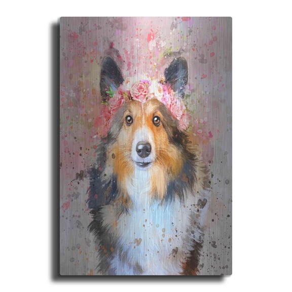 Luxe Metal Art 'Flower Crown Shetland Sheepdog 2' by Furbaby Affiliates, Metal Wall Art, 24"x36"