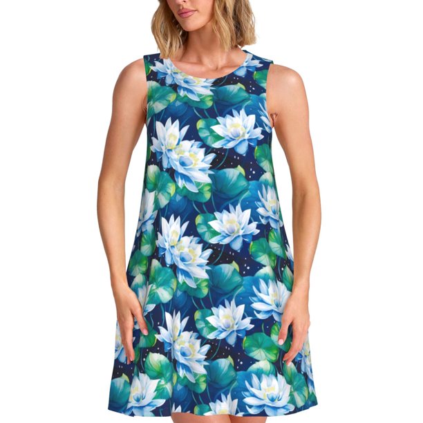 Easygdp Blue Lotus Flower para Vestido Transpirable de Mujer, Vestido Suelto de Manga Corta con Pliegues y Bolsillos para el Verano