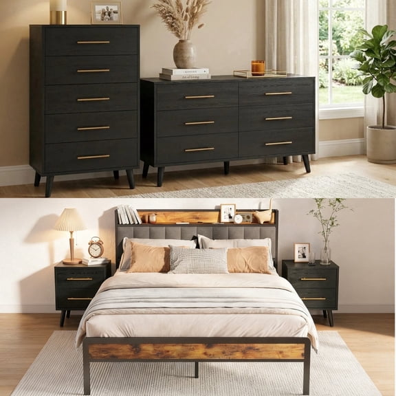 Asofer Black King Bedroom Set with Storage Headboard, 2 Nightstands, 5 & 6 Drawer Dressers