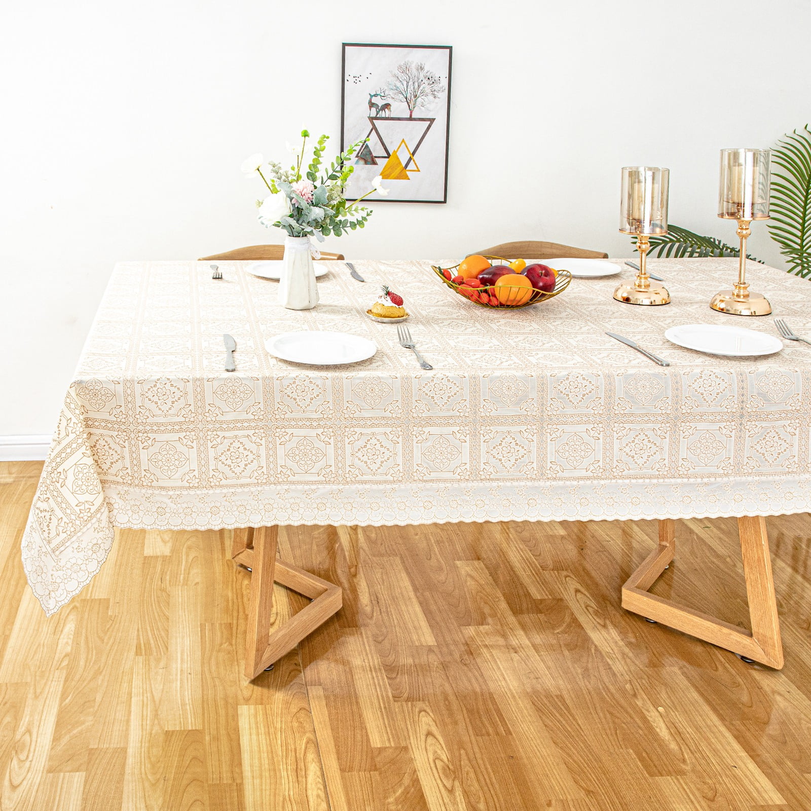 Ray Star 100% Waterproof Beige PVC Classicial Tablecloth 52x70in, Vinyl Table Cloth Cover Oil Proof Spill Proof Wipeable Table Cloths for Indoor and Outdoor Use