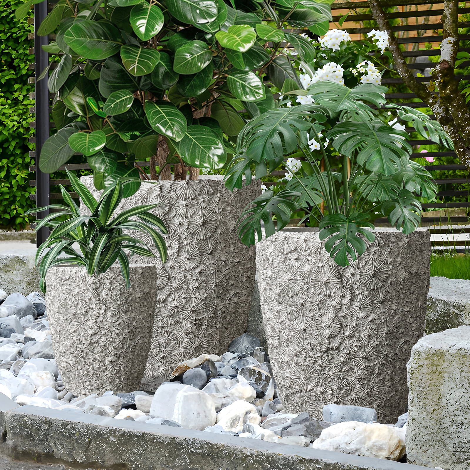 Large Concrete Planters Set of 3, Big Round Outdoor Indoor Garden Pots with Drainage Hole & Rubber Plug, 18/13/9 Inch Diameter ( (SH001)