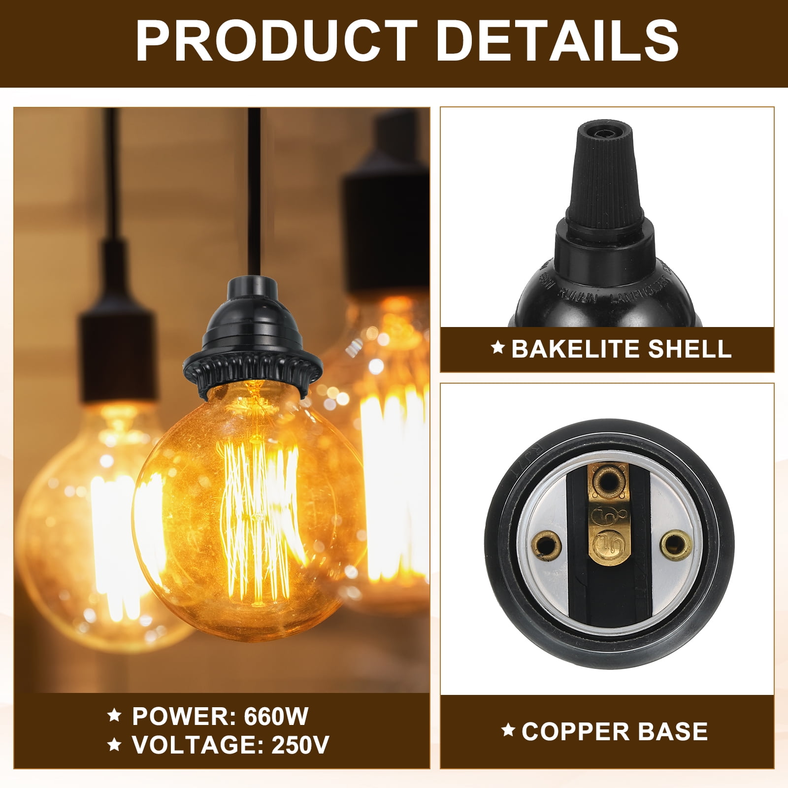 Uxcell Light Socket, Lamp Socket Screw Base Bulb Holder for Retro Pendant Light Vintage Halogen Chandelier 8