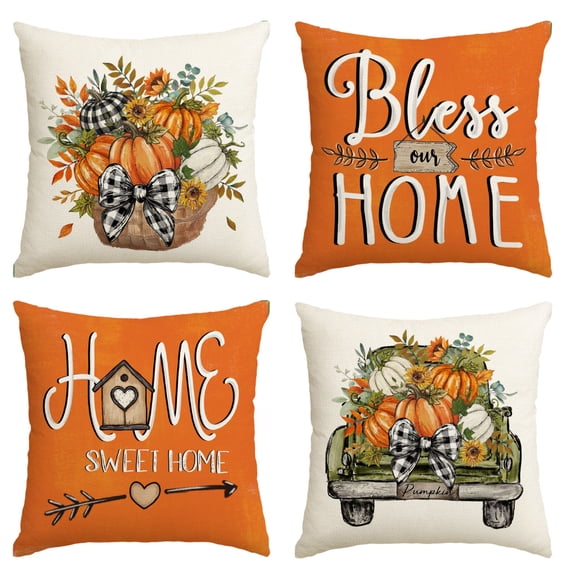 Sm:)e Fall Pumpkin Home Sweet Home Orange Throw Pillow Covers, 18 x 18 Inch Seasonal Autumn Bless Our Home Decorations for Sofa Couch Set of 4