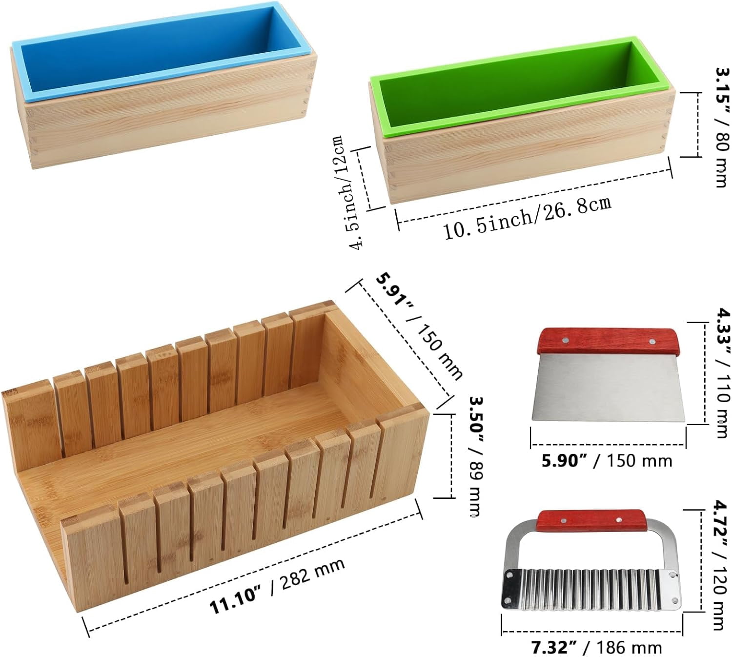 7PCS 42oz Soap Molds with Stainless Steel Wavy Slicer and Straight Slicer, Soap Loaf Bar Rectangular Silicone Soap Making Molds Kit with Wood Box DIY Tool Set for Soap Making Supplies