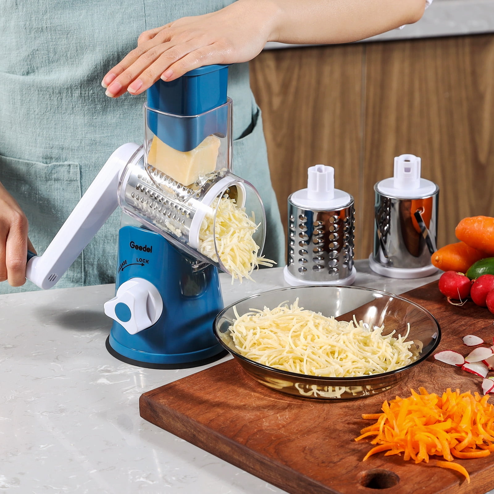 Geedel Rotary Cheese Grater, Kitchen Mandoline Vegetable Slicer with 2  Interchangeable Blades, Easy to Clean Rotary Grater Slicer for Fruit
