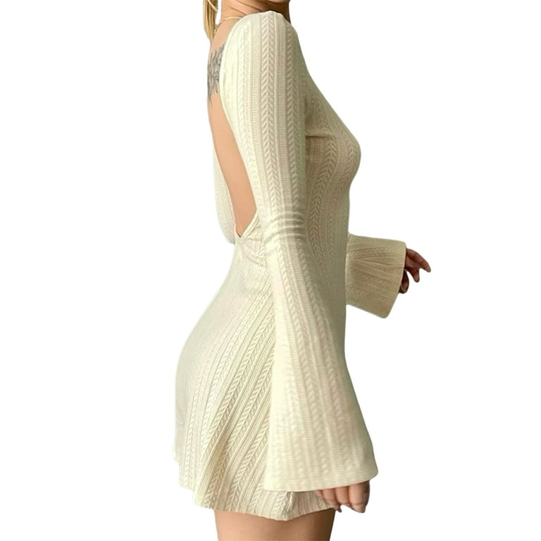 KOMOO Women Backless Knit Short Dress Flare Long Sleeve