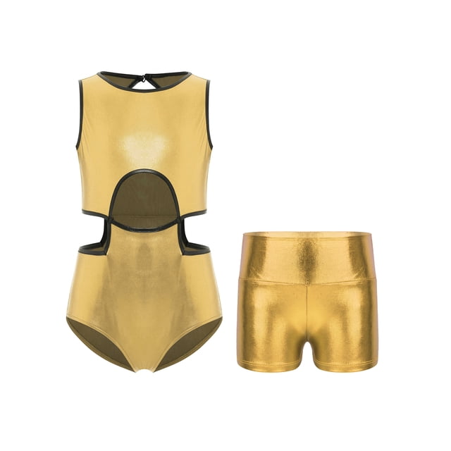 Moggemol Kids Girls Shiny Metallic Gymnastics Leotard Set For Figure Skating Dance Workout Gold 16