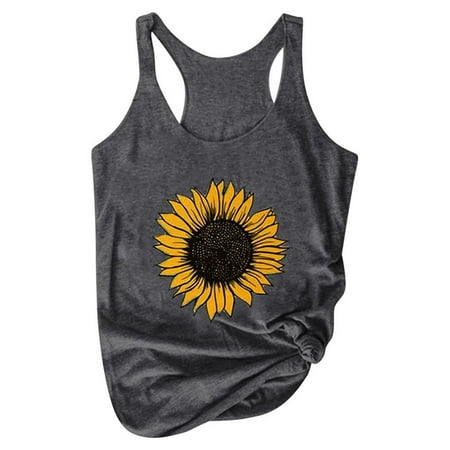 Outfmvch Womens Tops Tank Top For Women Women Plus Size Summer Sunflower Print Round Neck Sleeveless T-Shirt Top Tank Corset Tops For Women Drak Gray L