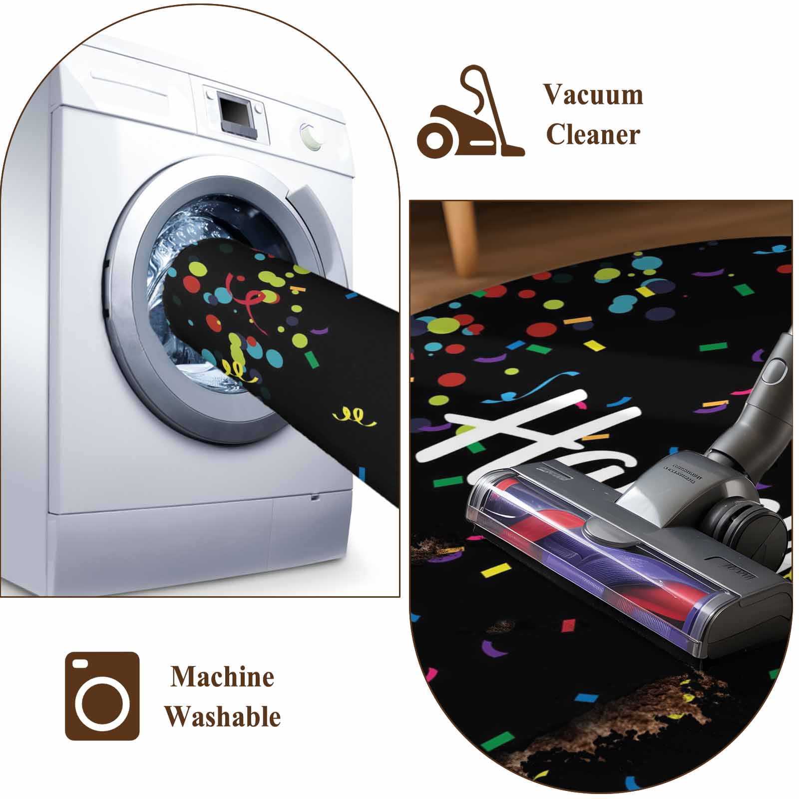 Black Birthday Large Area Rugs for Bedroom Living Room, Soft Non Slip Carpet Bedside Rug, Colorful Confetti Ribbons Polka Dots Classroom Rectangular Floor Cover Kitchen Accent Rug 2'x6' for Office