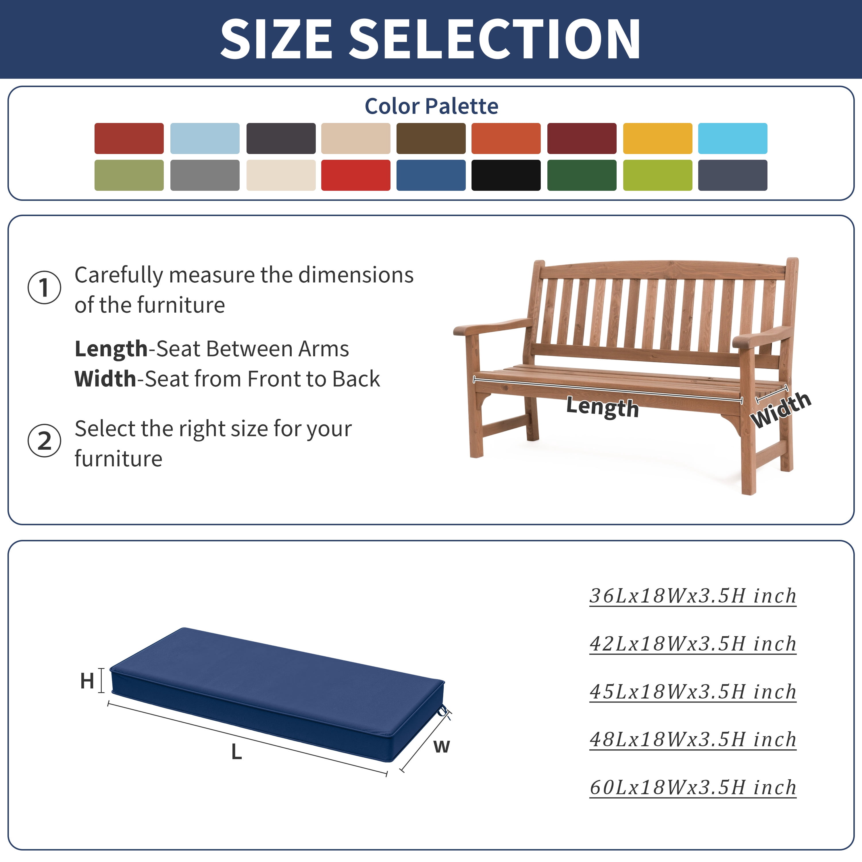 Kimunuk Outdoor Bench Cushions 42 x 18 x 3.5 Inch, High Density Foam Bench Seat Cushion, Porch Swing Cushion with Non-Slip Removable Cover, Blue