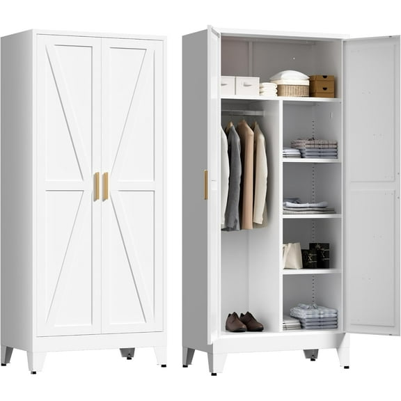 71" Tall Metal Wardrobe Closet with Adjustable Shelves and Hanging Rod, 2 Doors Office Storage Locker Cabinet for Home, Office, Bedroom, Laundry Room, White