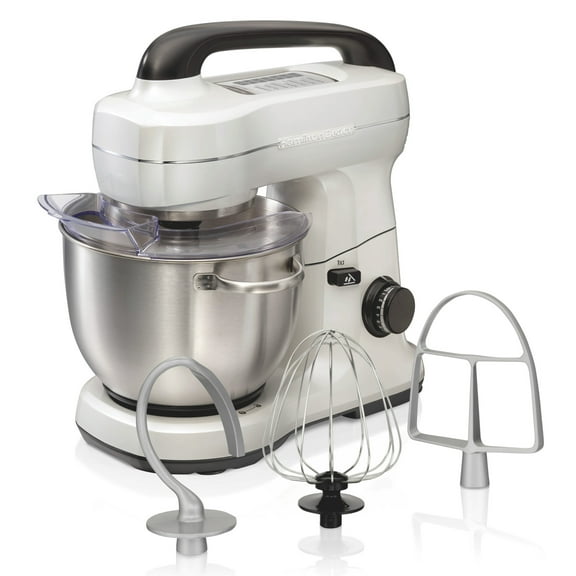 Hamilton Beach 4 Quart Stand Mixer for Kitchen, 7 Speeds, Tilt-Head, Dough Hook, Whisk & Flat Beater, White