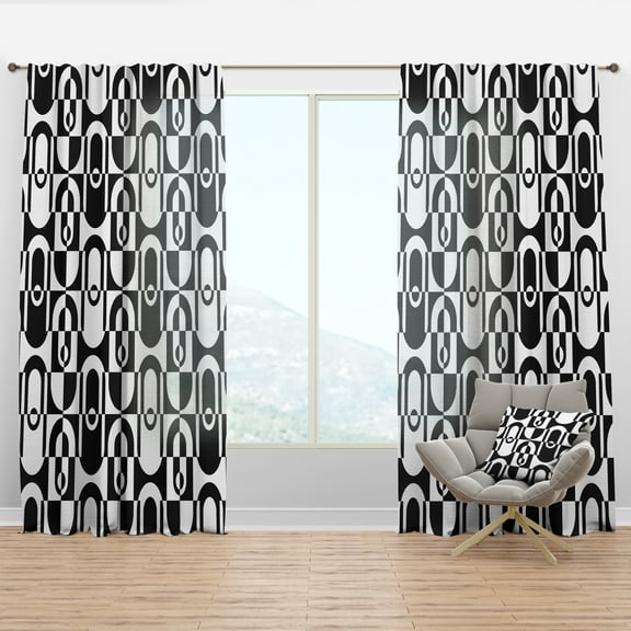 Designart 'Black and White Geometric Pattern VIII' Mid-Century Modern Curtain Panel