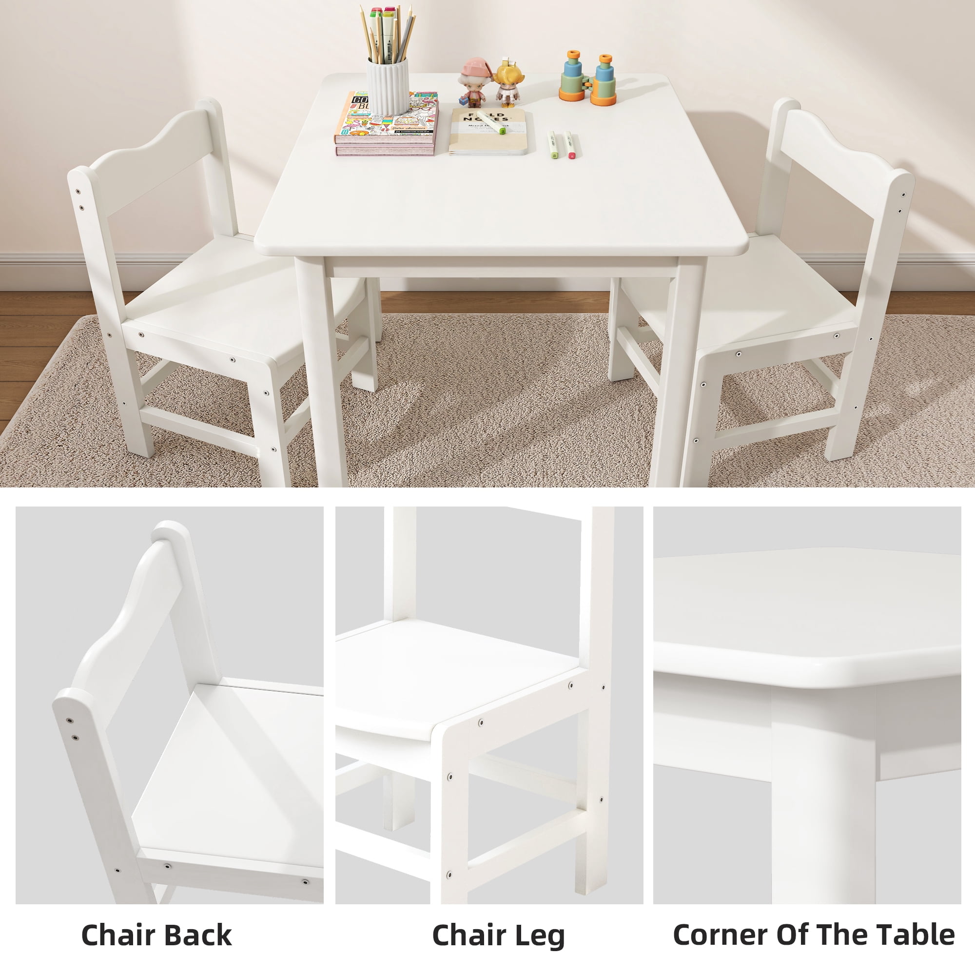 UNICOO® Wooden Kids Table and Chairs Set – 3-Piece Hard Wood Toddler Table with 2 Chairs – Playroom & Classroom Kids Desk and Chair Set for Arts, Crafts, Reading, Snacks (White)