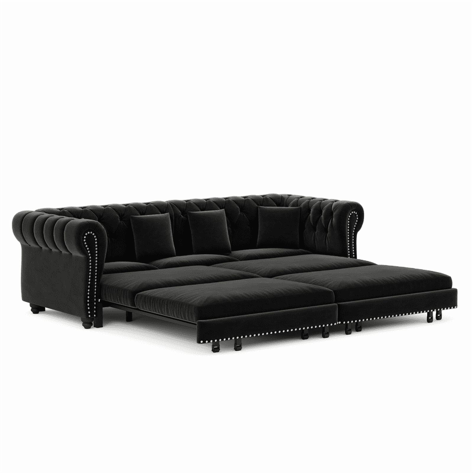 3-in-1 Pull-Out Sofa Bed, 89'' Chesterfield Sofa, Convertible Sleeper Sofa Bed, King Size Sofa Bed, Chaise Lounge, Tufted Design Velvet 3-Seater Sofa with Movable Ottoman