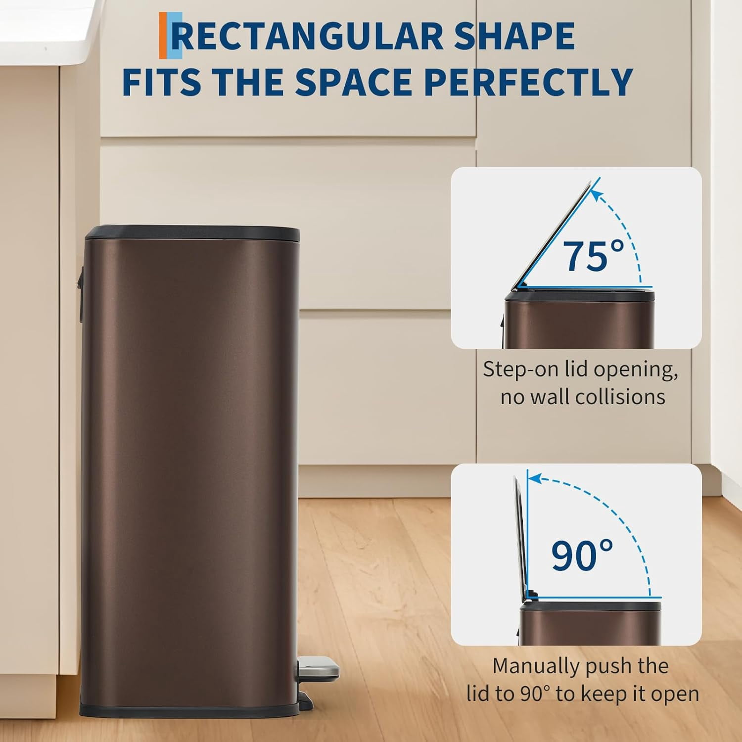 Bathroom Trash Can, 3.2 gal Stainless Steel Garbage Can with Lid, Rectangular Small Step Waste Bin with Foot Pedal & Removable Inner Bucket for Kitchen Bedroom Restroom (Matte Brown)