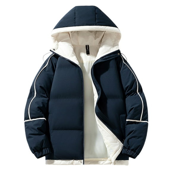 GuangCheng Mens Puffer Coats Hooded Drawstring Zippered Stand Collar Color Block Fleece Warm Winter Jackets