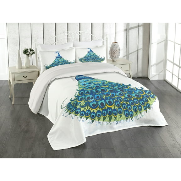 Ambesonne Peacock Quilted Coverlet 3 Pcs, Floral Feathery Bird Motif, King Size, Blue Yellow