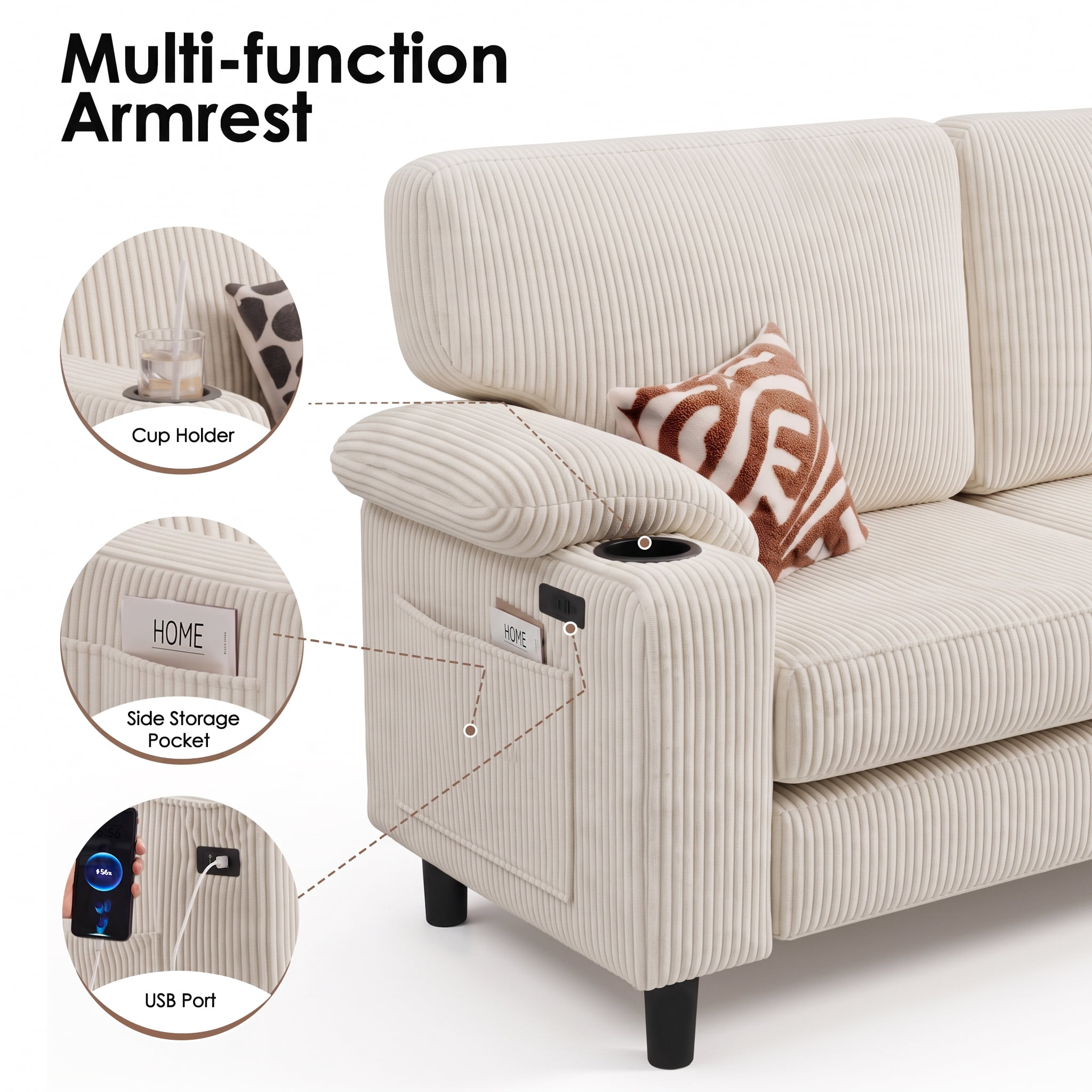 Anpport 80" L‑Shaped Corduroy Sectional Sofa, 3‑Seater Couch with Storage Ottoman, USB Port & Cup Holders for Small Spaces, Beige