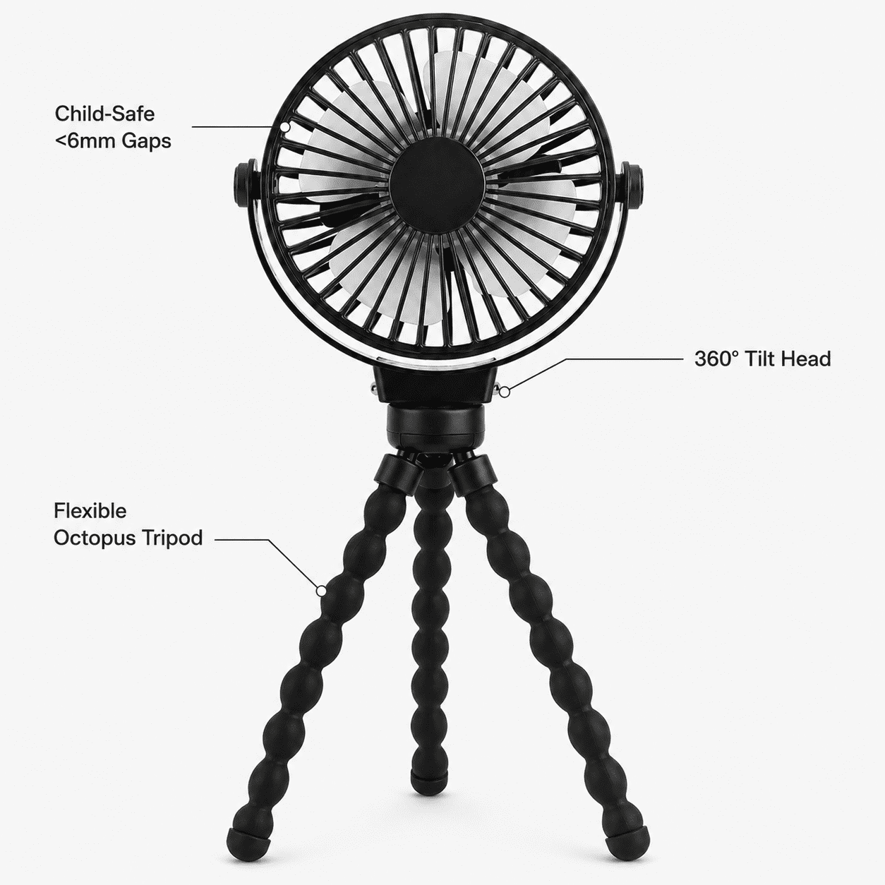 Portable Baby Stroller Fan - Black, Rechargeable, with Tripod, Type-C Charging, and Adjustable Speed