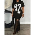 thumbnail image 3 of Black Plus Size Maxi Dress With Numeric 07 Print And Lace Hem Street Casual Round Neck Short Sleeve, 3 of 8