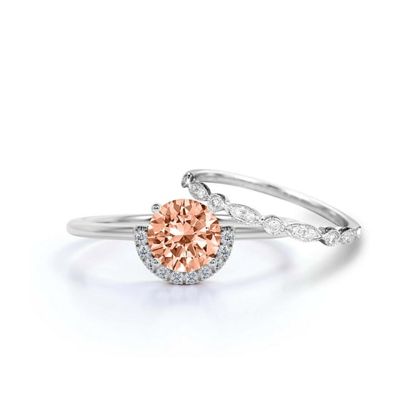 Fairy Minimalist 1.75 Carat Round Cut Morganite And Diamond Moissanite Engagement Ring Wedding Ring, One Matching Band in 10k Solid White Gold Shank, Gift For Her, Anniversary Ring, Bridal Set