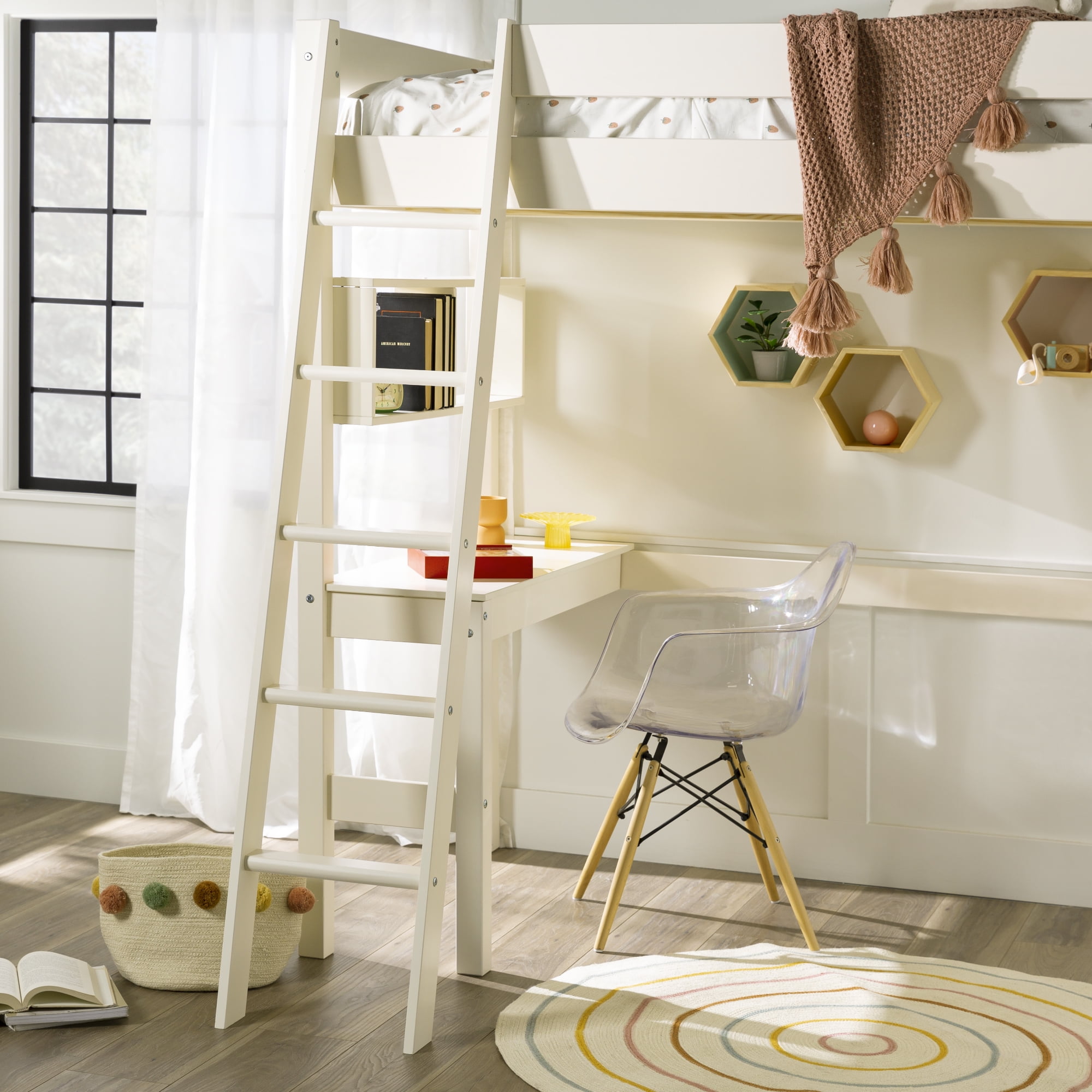 Walker Edison Modern Solid Wood Twin Loft Bed with Built-in Desk, White