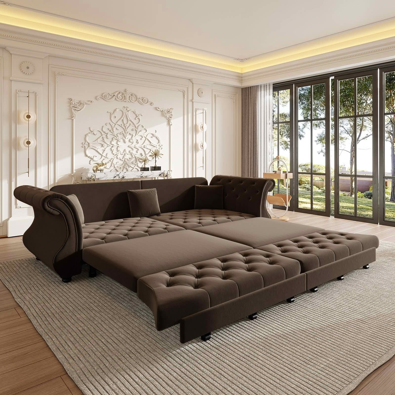 MAYEERTY 97.6" Chesterfield Pull‑Out Sofa Bed, Classic Roll‑Arm Velvet Couch with Flower Tufting, 3 Pillows Included for Living Room, Bedroom and Apartment
