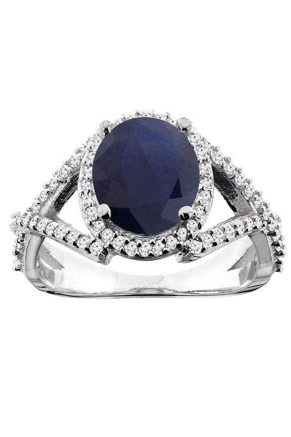 10K White Gold Natural Diffused Ceylon Sapphire Ring Oval 9x7mm Diamond Accent, size 6