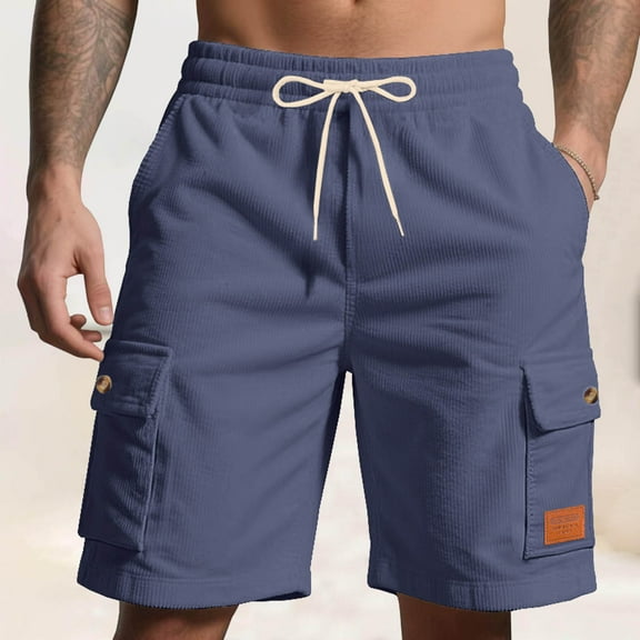 Short for Men Summer Corduroy Drawstring Waist Loose Solid Color Multiple Pockets Work Pants Outdoor Fitness Pants Beach Shorts