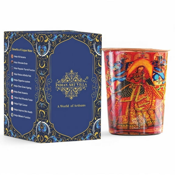 Indian Art Villa Rajasthani Meena "Padharo Mhare Desh" Printed Theme Copper Glass, Drinkware, Multicolor, 9.3 oz