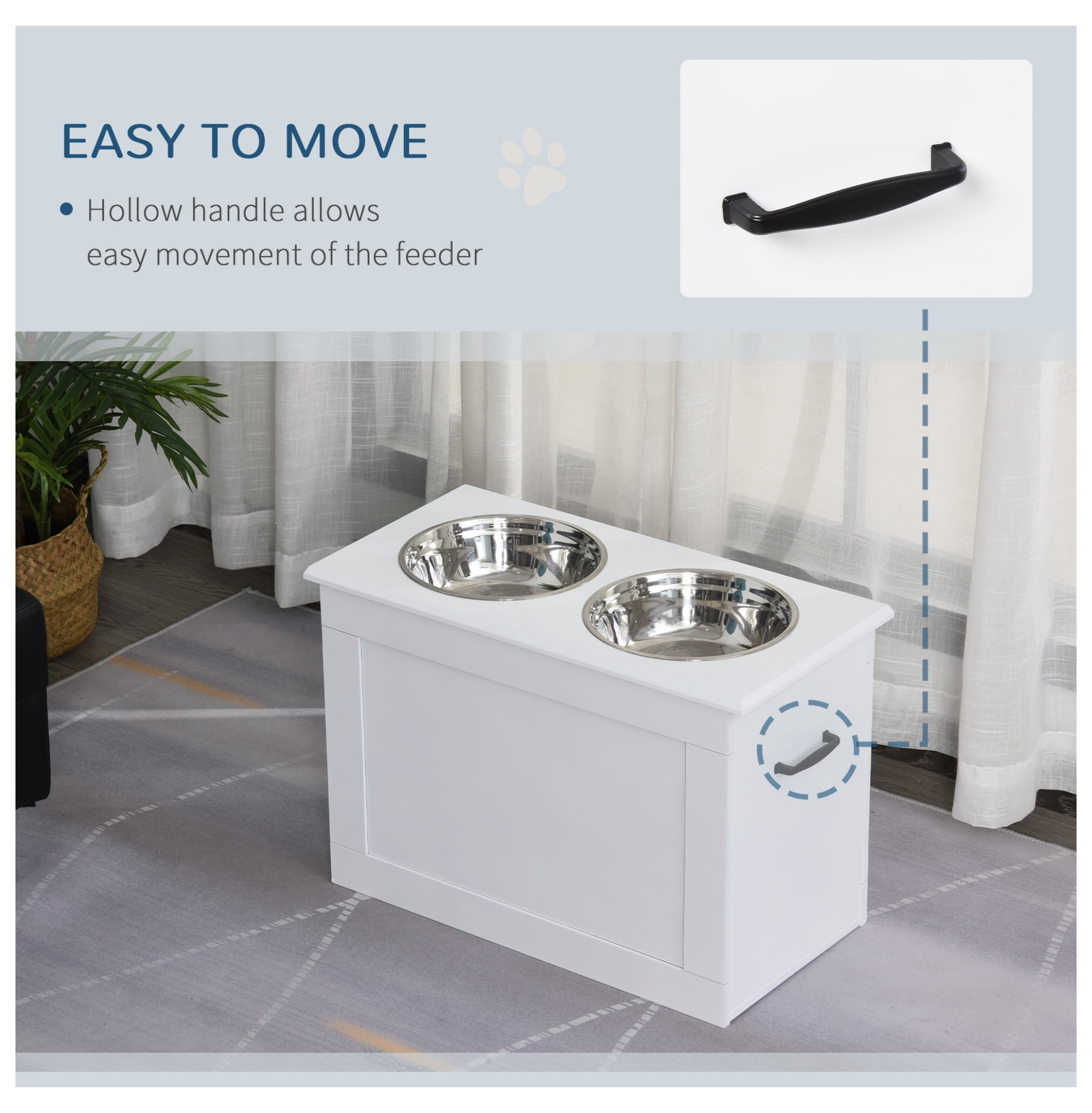Raised Dog Bowls for Large Dogs, Elevated Pet Feeder Station with Storage, 2 Stainless Steel Bowls, White