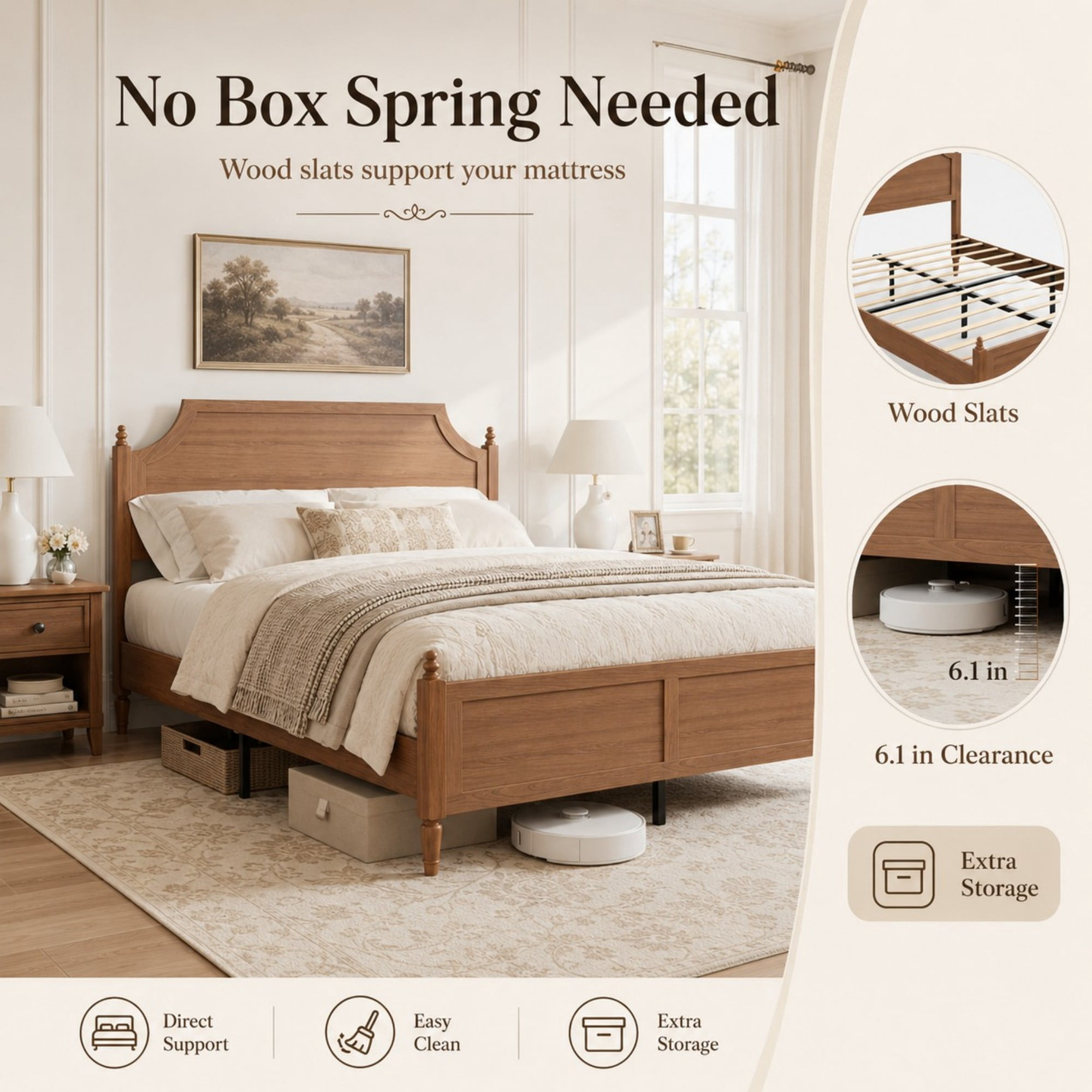 DEALTOPS Queen Size Platform Bed Frame with Headboard & Footboard, Wood Farmhouse Bed, No Box Spring, Brown