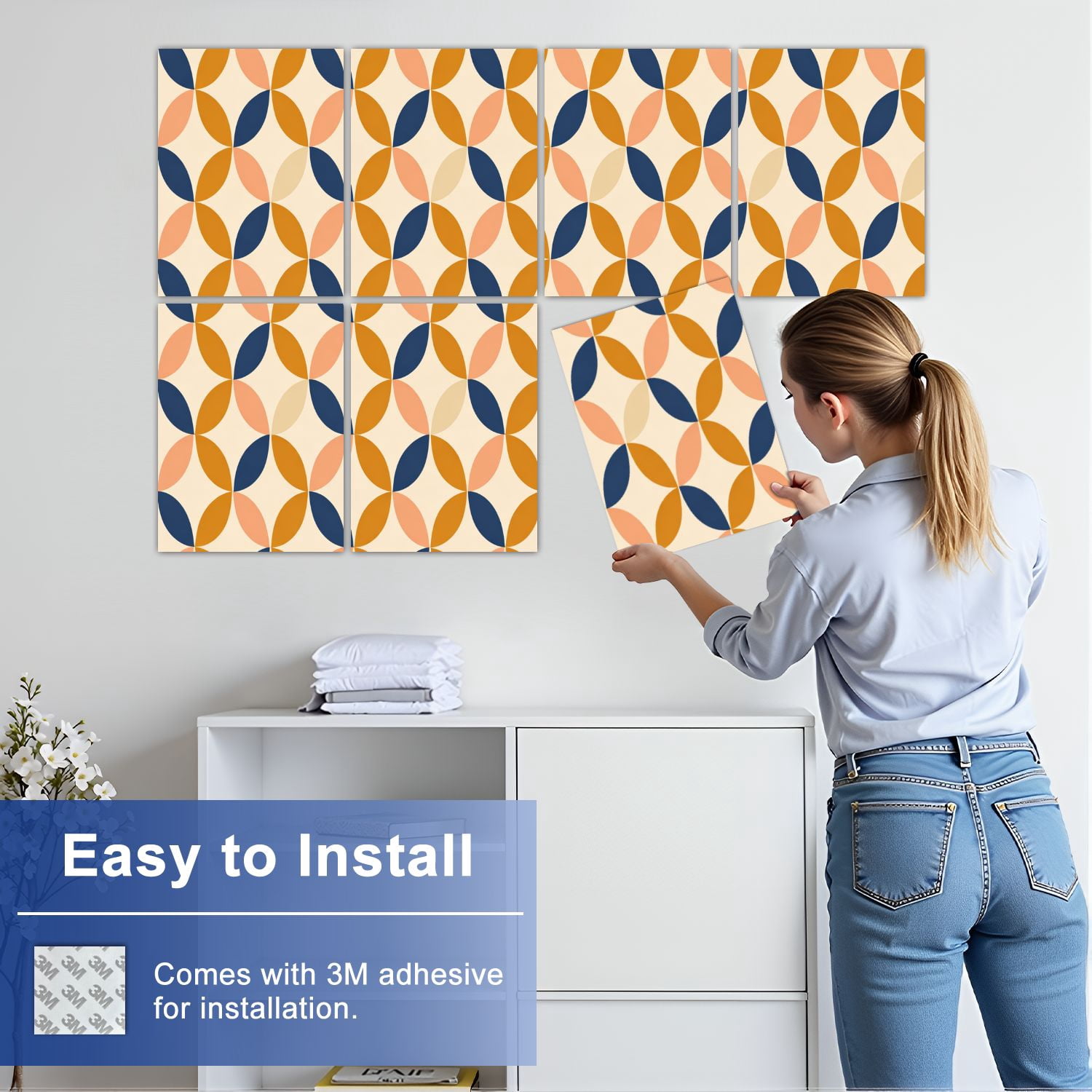 8 Pack Art Acoustic Panels Geometric Abstract Orange Navy Beige Shapes Self Adhesive Absorbing Dampening Panels Self Adhesive for Nursery Game Room Bedroom 48"x32"