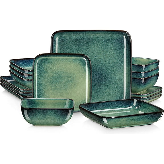 Vancasso Stoneware Dinnerware Sets, 16 Piece Square Green Dishes, Service for 4, Series Stern
