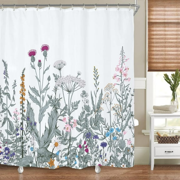 Wild Floral Wildflower Shower Curtain Botanical Herbs Plant Nature Blossom Flower Leaf Sketch Sage Waterproof Fabric 72Wx72H Inch Polyester Bathroom Bathtub Decoration 12 Pack Plastic Hooks
