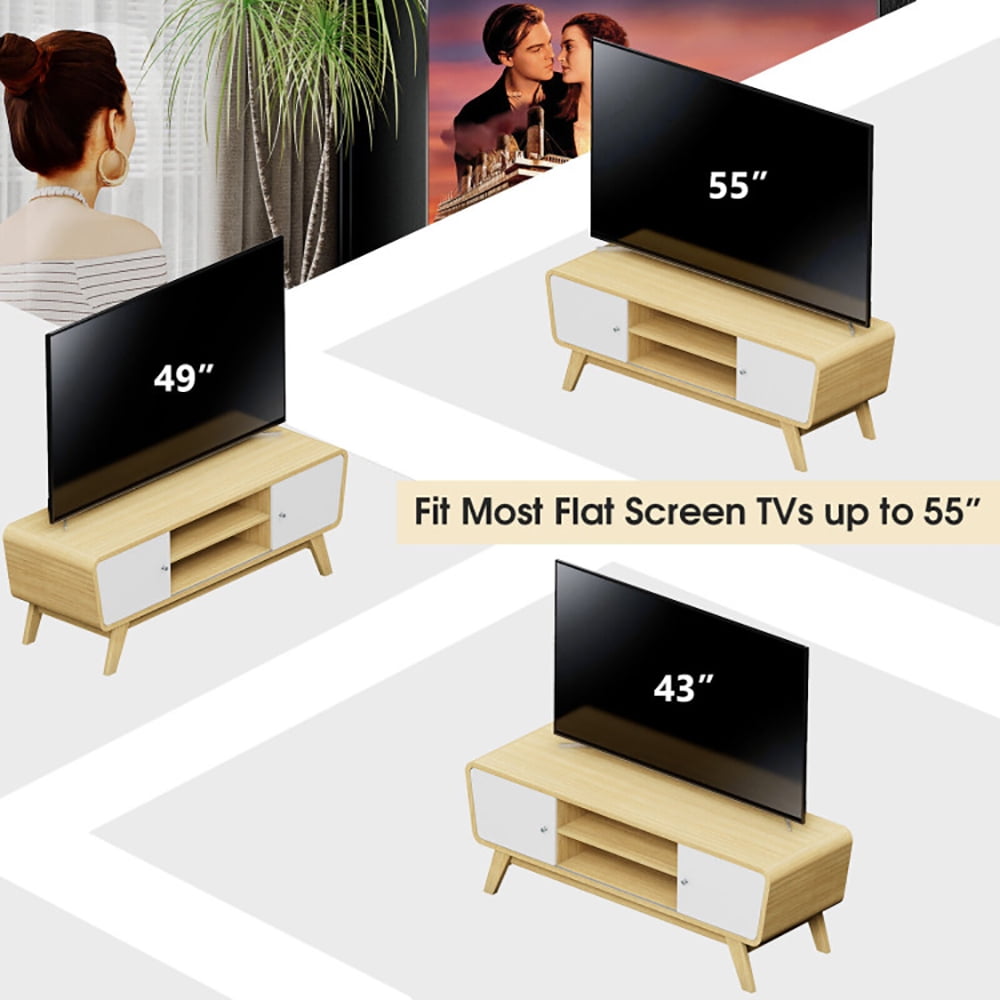 Finihen TV Stand, TV Cabinet, Sliding Door TV Stand with Adjustable Shelf for TVs up to 55 Inch, for Living Room, Bedroom, Natural