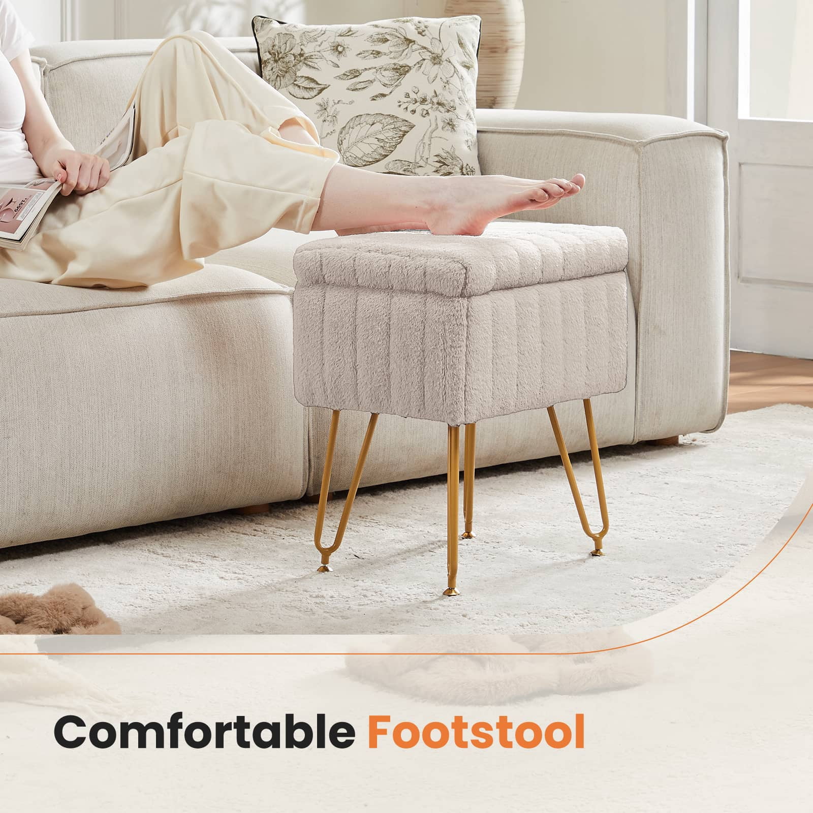 CONCETTA Storage Ottoman Bench, Faux Fur Vanity Footstool with Hidden Storage, Padded Seat & Adjustable Feet for Bedroom, Makeup Room, Entryway,Camel