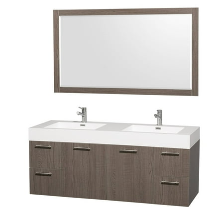 Amare Wall - Wyndham Collection Amare 60 inch Double Bathroom Vanity in Gray Oak with Acrylic Resin Top, Integrated Sinks, and 58 inch Mirror