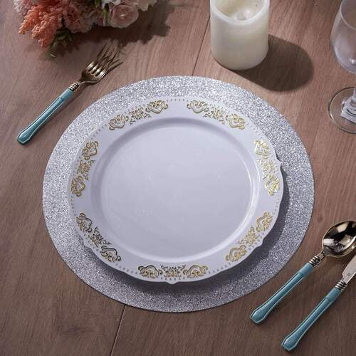 6 Pack Glitter Placemat Non Slip Table Placemats Round Faux Leather With Silver Com 6 Pack Glitter Placemat Non Slip Table, Silver Glitter Placemats Round