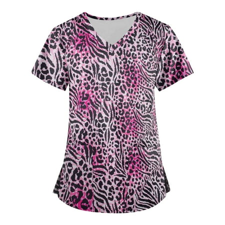 

Sksloeg Women s Scrubs Leopard Printed V-Neck Workwear with Pockets Shirts Nursing Working Uniform Hot Pink L