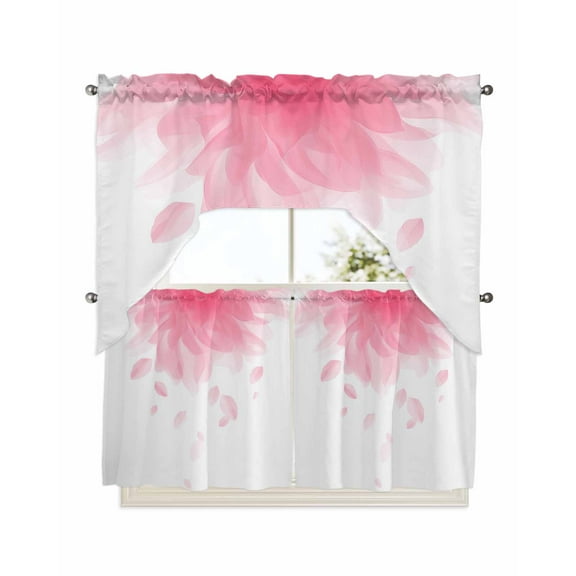 Modern Pink Kitchen Curtains Swag Valance and Tier Curtains Set 24 Inch Length, Gradient Floral Abstract Bohemian White Rod Pocket Drape Panels Pair Swag Curtains for Bathroom/Cafe/Window