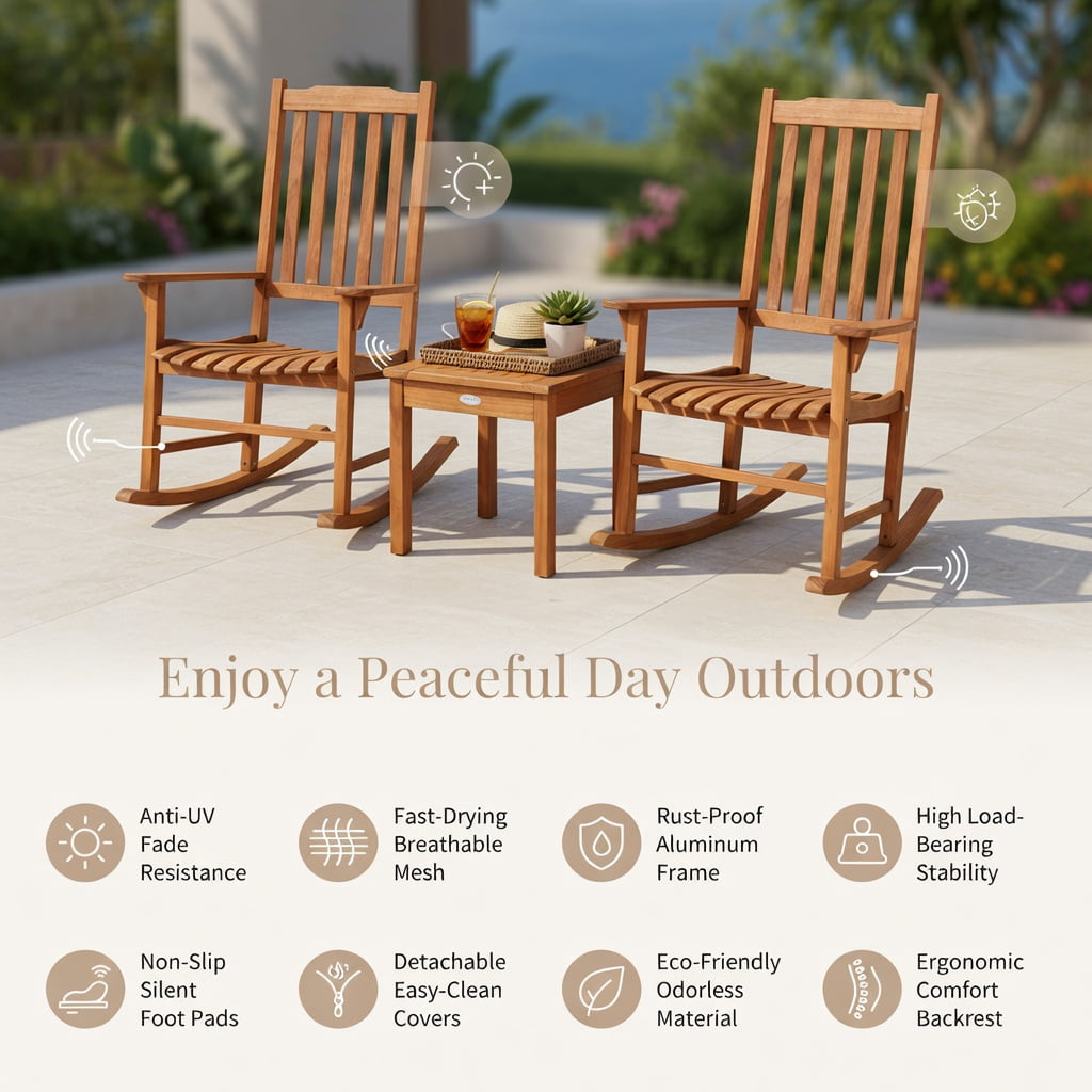 Hommoo 3-Piece Eucalyptus Outdoor Rocking Chair Set with Square Coffee Table, Patio, Deck & Garden Furniture Set for 2, Natural