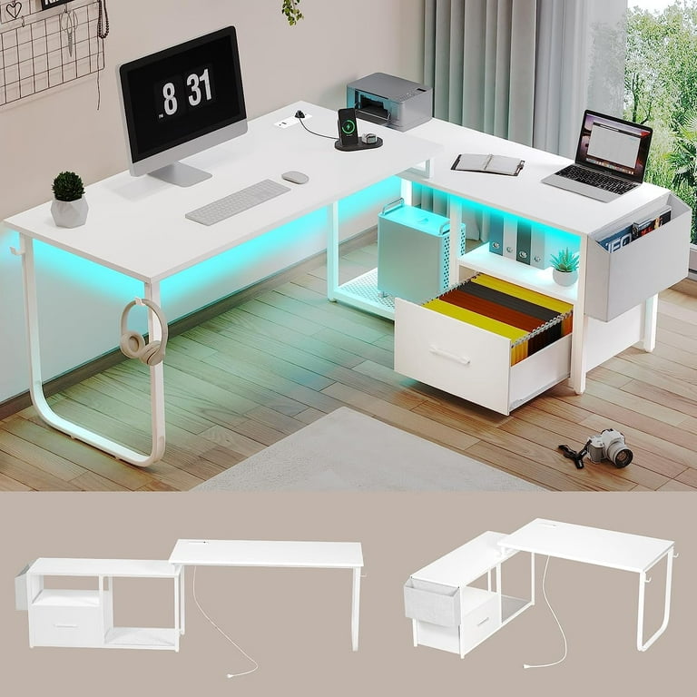 L-Shaped Gaming Desk with Led Light & Power Outlets, Home Office Computer  Desk